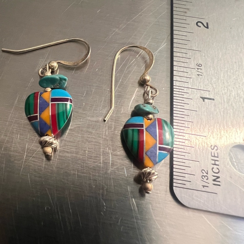Native American Inlaid Multi Stone Reversible Heart Earrings on Sterling Wires